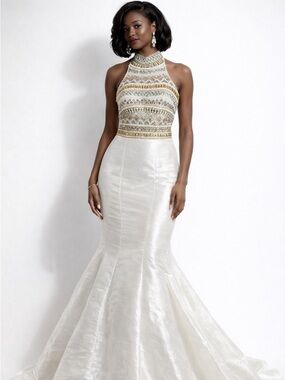 Beaded Halter Mermaid Gown Size 4 Ivory Gold Prom Formal Dress Open Back